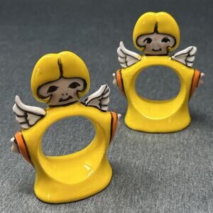 Vintage Angel Ceramic Studio Art Napkin Rings Set 2 Hand Painted Kitschy READ